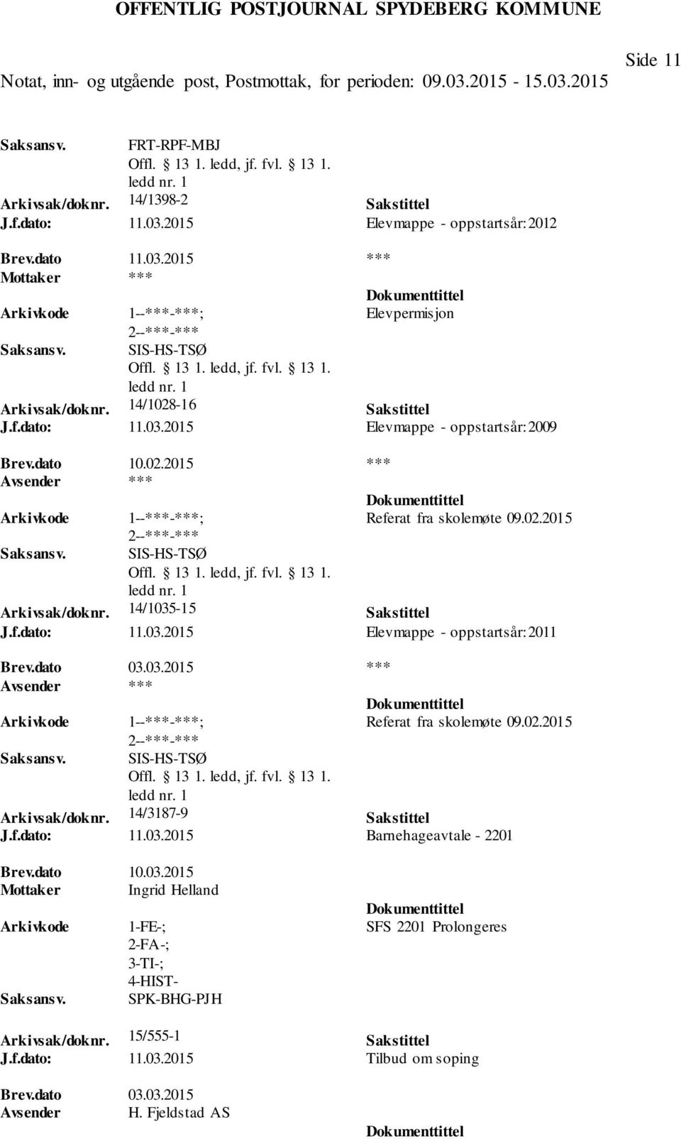 dato 03.03.2015 *** Referat fra skolemøte 09.02.2015 SIS-HS-TSØ Arkivsak/doknr. 14/3187-9 Sakstittel J.f.dato: 11.03.2015 Barnehageavtale - 2201 Brev.dato 10.03.2015 Mottaker Ingrid Helland 1-FE-; SPK-BHG-PJH SFS 2201 Prolongeres Arkivsak/doknr.