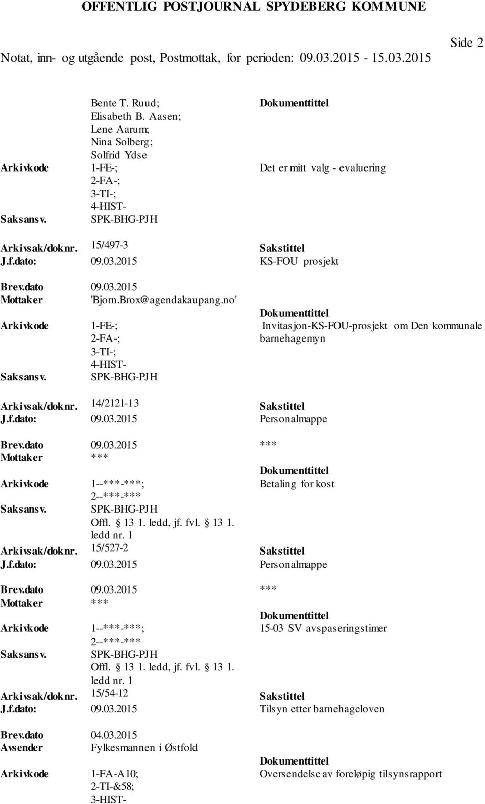 dato: 09.03.2015 Personalmappe Brev.dato 09.03.2015 *** Betaling for kost SPK-BHG-PJH Arkivsak/doknr. 15/527-2 Sakstittel J.f.dato: 09.03.2015 Personalmappe Brev.dato 09.03.2015 *** 15-03 SV avspaseringstimer SPK-BHG-PJH Arkivsak/doknr.