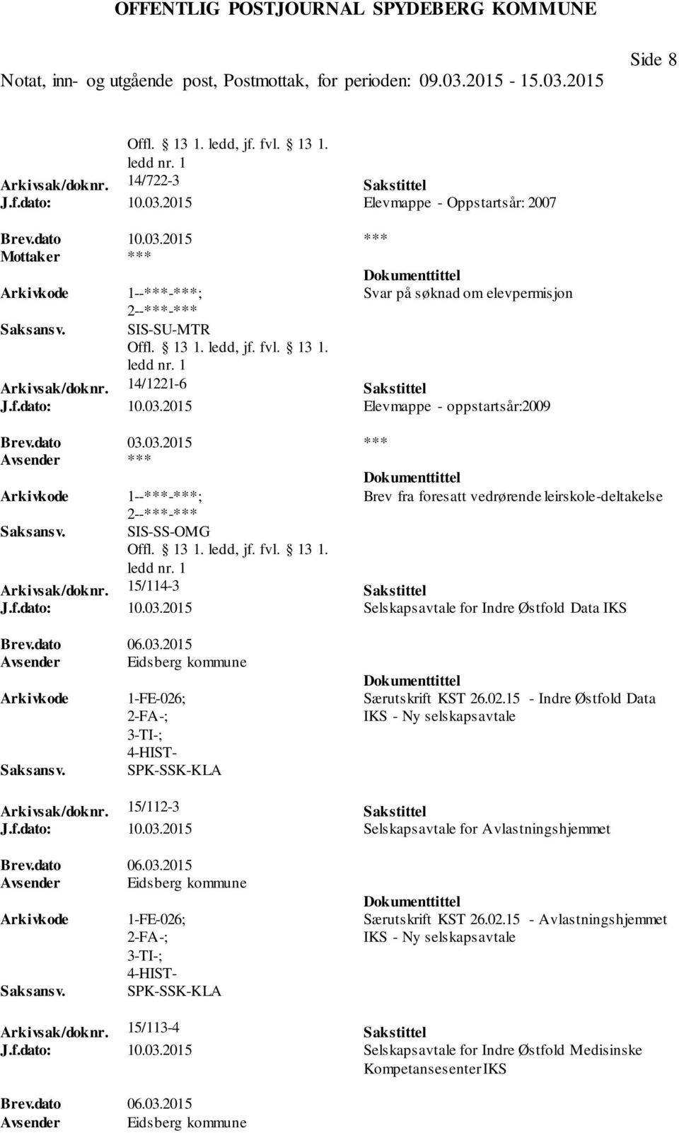 dato 06.03.2015 Avsender Eidsberg kommune 1-FE-026; SPK-SSK-KLA Særutskrift KST 26.02.15 - Indre Østfold Data IKS - Ny selskapsavtale Arkivsak/doknr. 15/112-3 Sakstittel J.f.dato: 10.03.2015 Selskapsavtale for Avlastningshjemmet Brev.