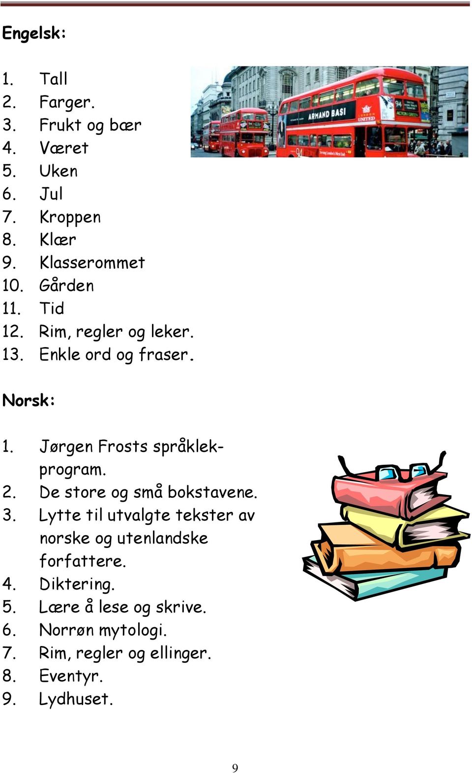 2. De store og små bokstavene. 3. Lytte til utvalgte tekster av norske og utenlandske forfattere. 4.