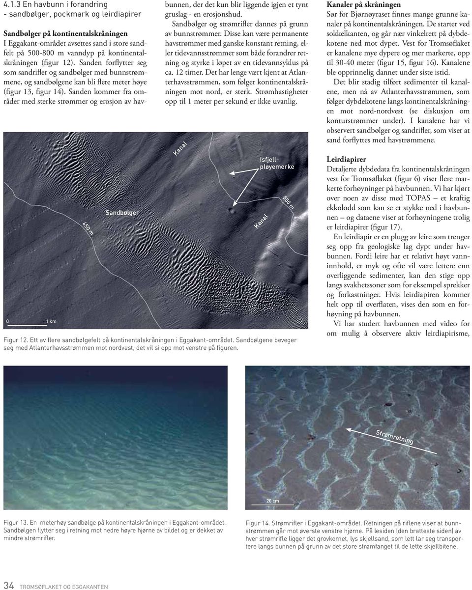 kontinentalskråningen (figur 12). Sanden forflytter seg som sandrifler og sandbølger med bunnstrømmene, og sandbølgene kan bli flere meter høye (figur 13, figur 14).