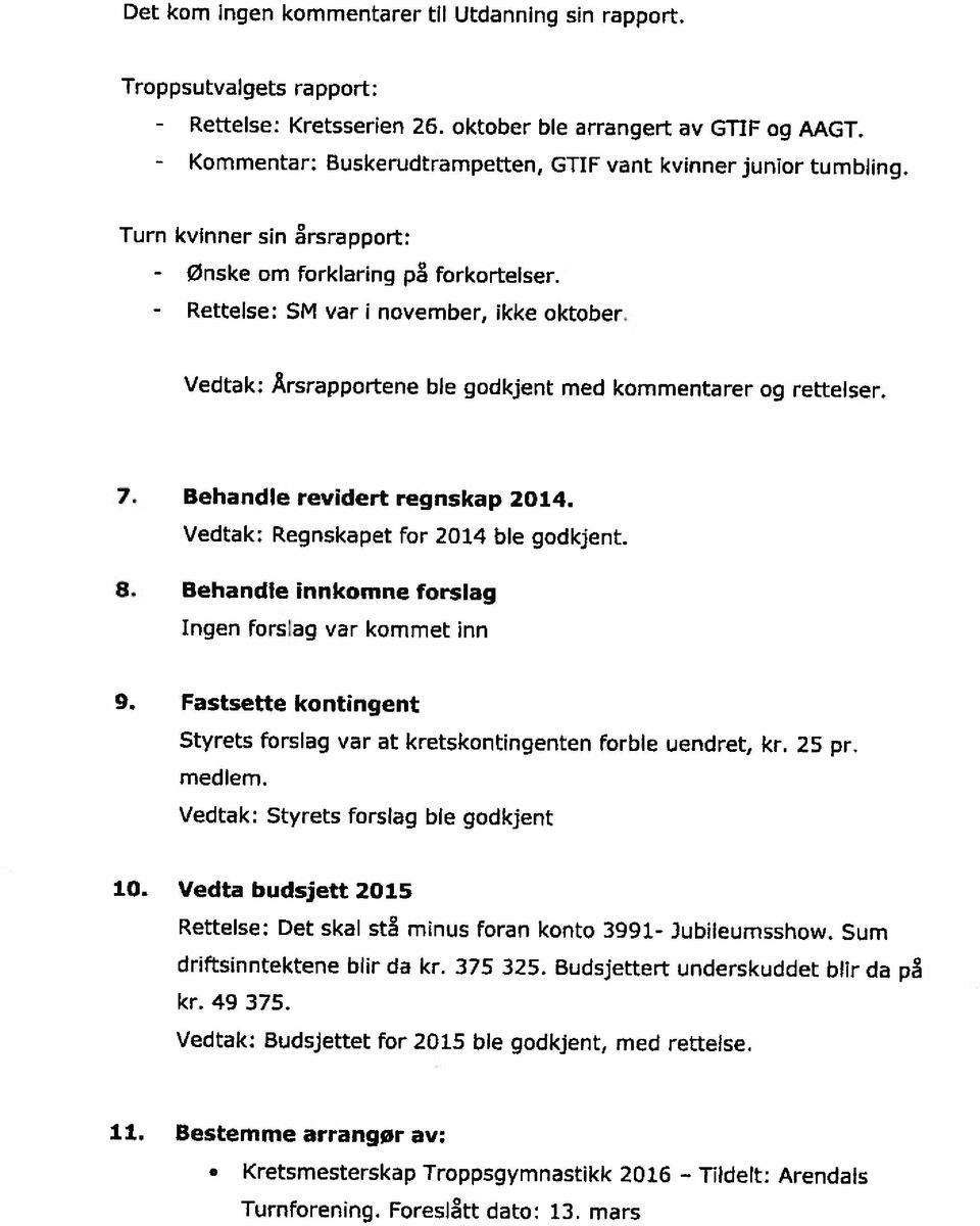 dhftsinntektene blir da kr. 375 325. Budsjettert underskuddet blir da p Rettelse: Det skal st minus foran konto 3991 Jubileumsshow. Sum 10. Vedta budsjett 2015 9.