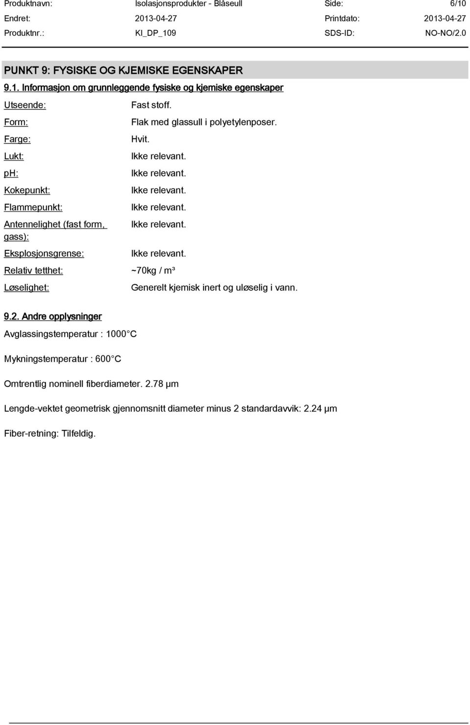 Relativ tetthet: ~70kg / m³ Løselighet: Generelt kjemisk inert og uløselig i vann. 9.2.