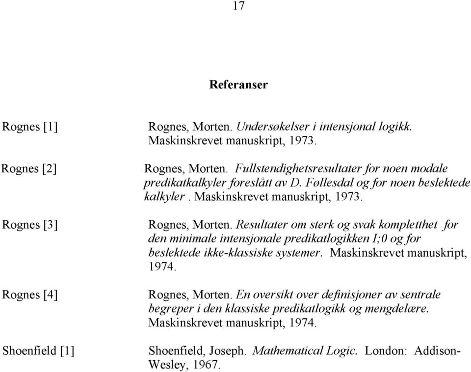 Resultater om sterk og svak kompletthet for den minimale intensjonale predikatlogikken I;0 og for beslektede ikke-klassiske systemer. Maskinskrevet manuskript, 1974.