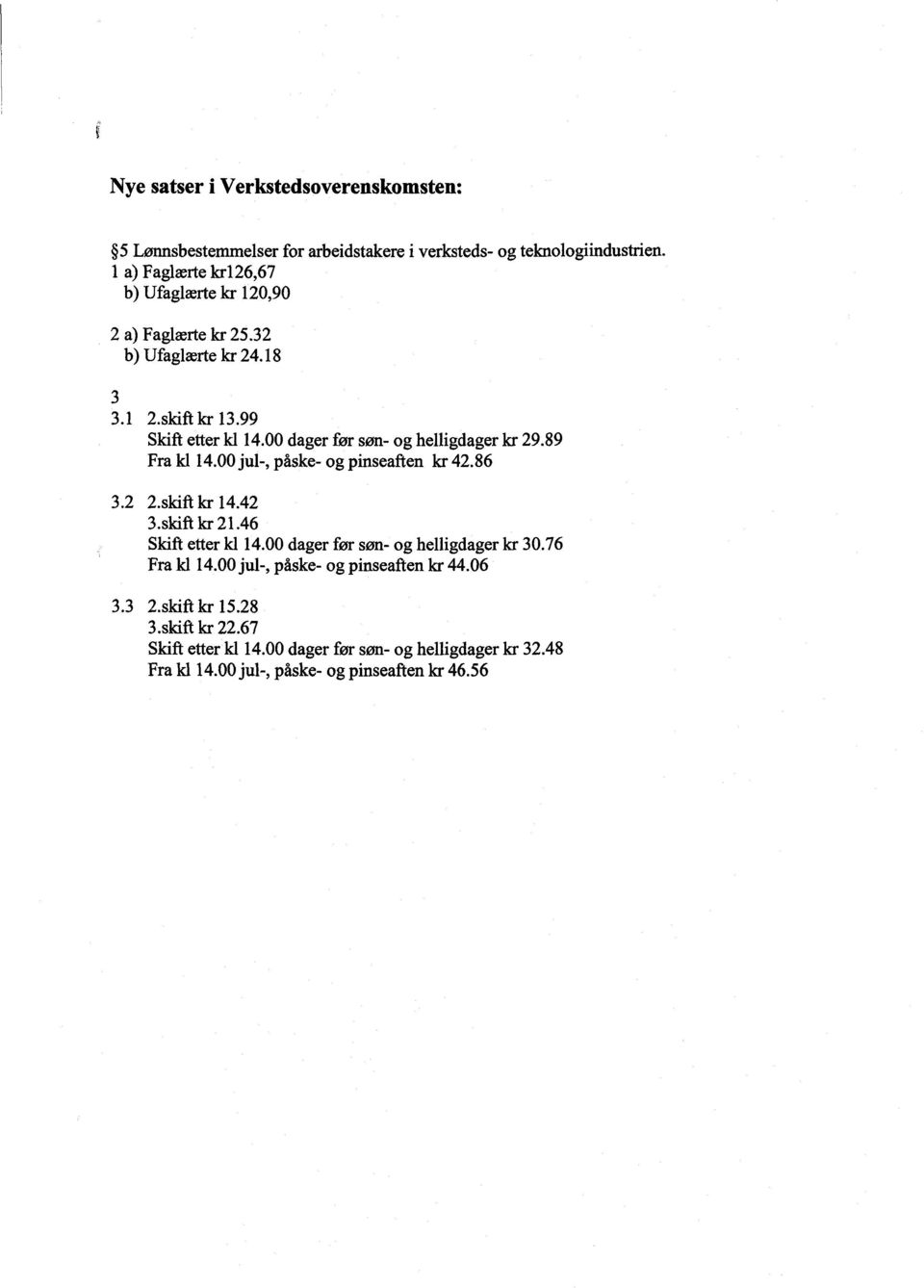 00 dager før søn- og helligdager kr 29.89 Fra kl 14.00 jul-, påske- og pinseaften kr 42.86 3.2 2.skift kr 14.42 3.skift kr 21.46 Skift etter kl 14.