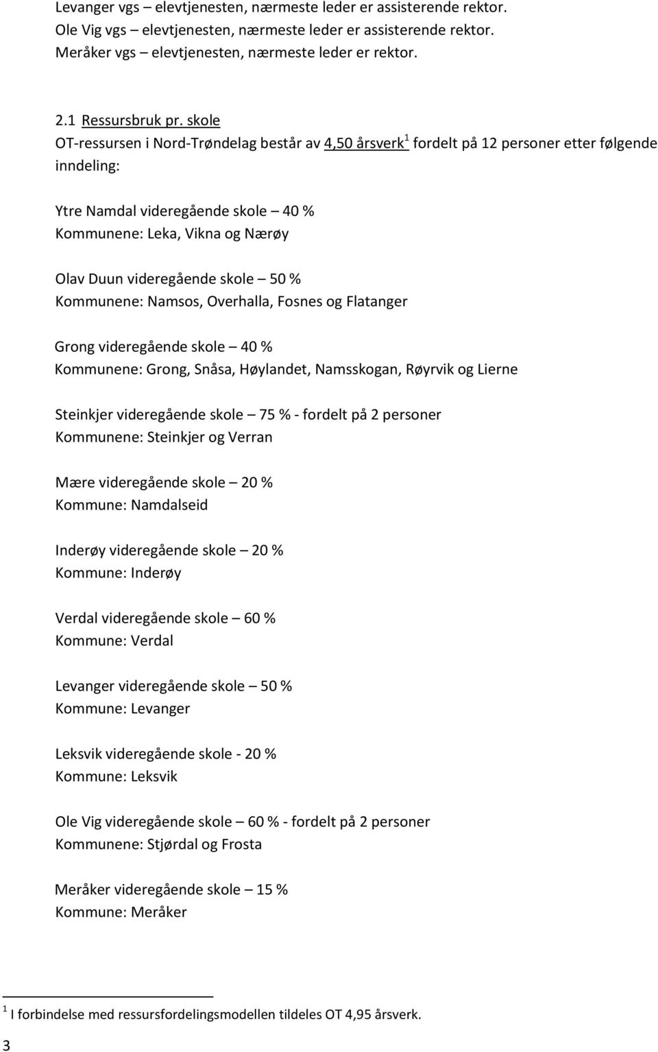 skole OT-ressursen i Nord-Trøndelag består av 4,50 årsverk 1 fordelt på 12 personer etter følgende inndeling: Ytre Namdal videregående skole 40 % Kommunene: Leka, Vikna og Nærøy Olav Duun
