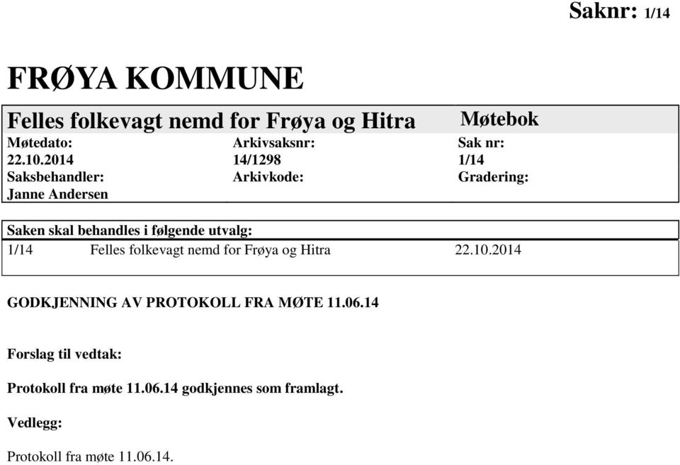 skal behandles i følgende utvalg: 1/14 Felles folkevagt nemd for Frøya og Hitra 22.10.