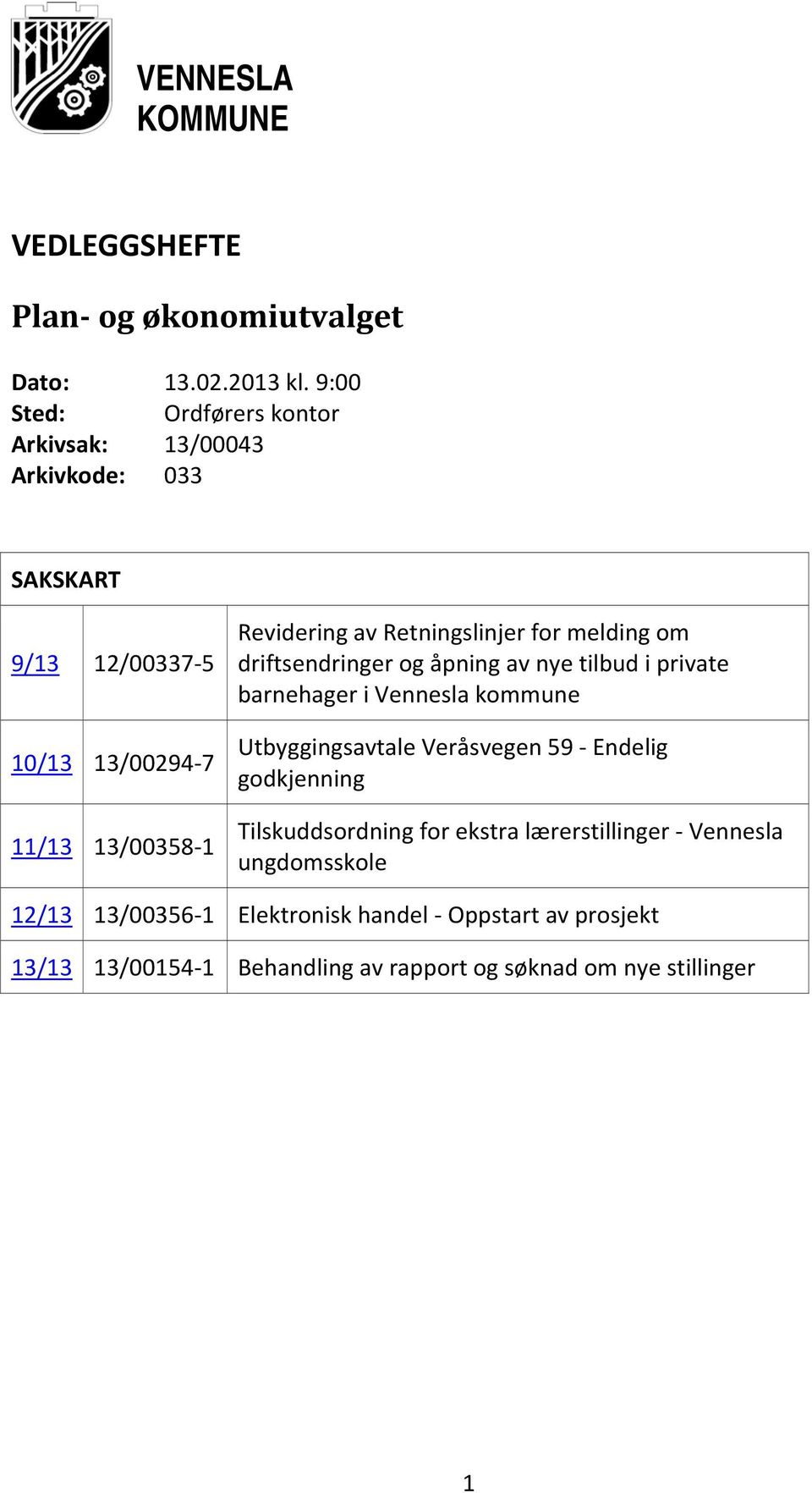 Retningslinjer for melding om driftsendringer og åpning av nye tilbud i private barnehager i Vennesla kommune Utbyggingsavtale Veråsvegen 59