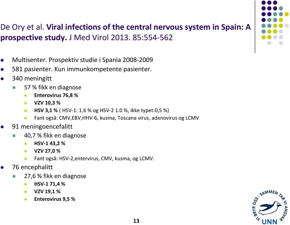 340 meningitt 57 % fikk en diagnose Enterovirus 76,8 % VZV 10,3 % HSV 3,1 %( HSV-1: 1,6 % og HSV-2 1.