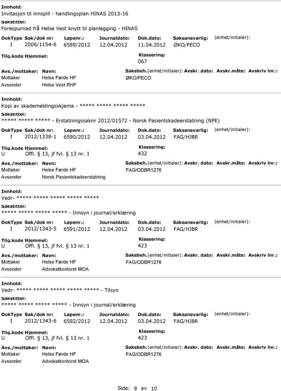 2012 432 Norsk asientskadeerstatning nnhold: Vedr- ***** ***** ***** ***** ***** ***** ***** ***** ***** - nnsyn i journal/erklæring 2012/1343-5 6591/2012 03.04.