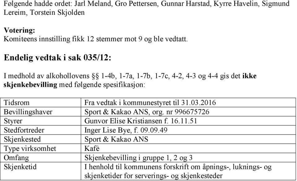 kommunestyret til 31.03.2016 Bevillingshaver Sport & Kakao ANS, org. nr 996675726 Styrer Gunvor Elise Kristiansen f. 16.11.51 Stedfortreder Inger Lise Bye, f. 09.