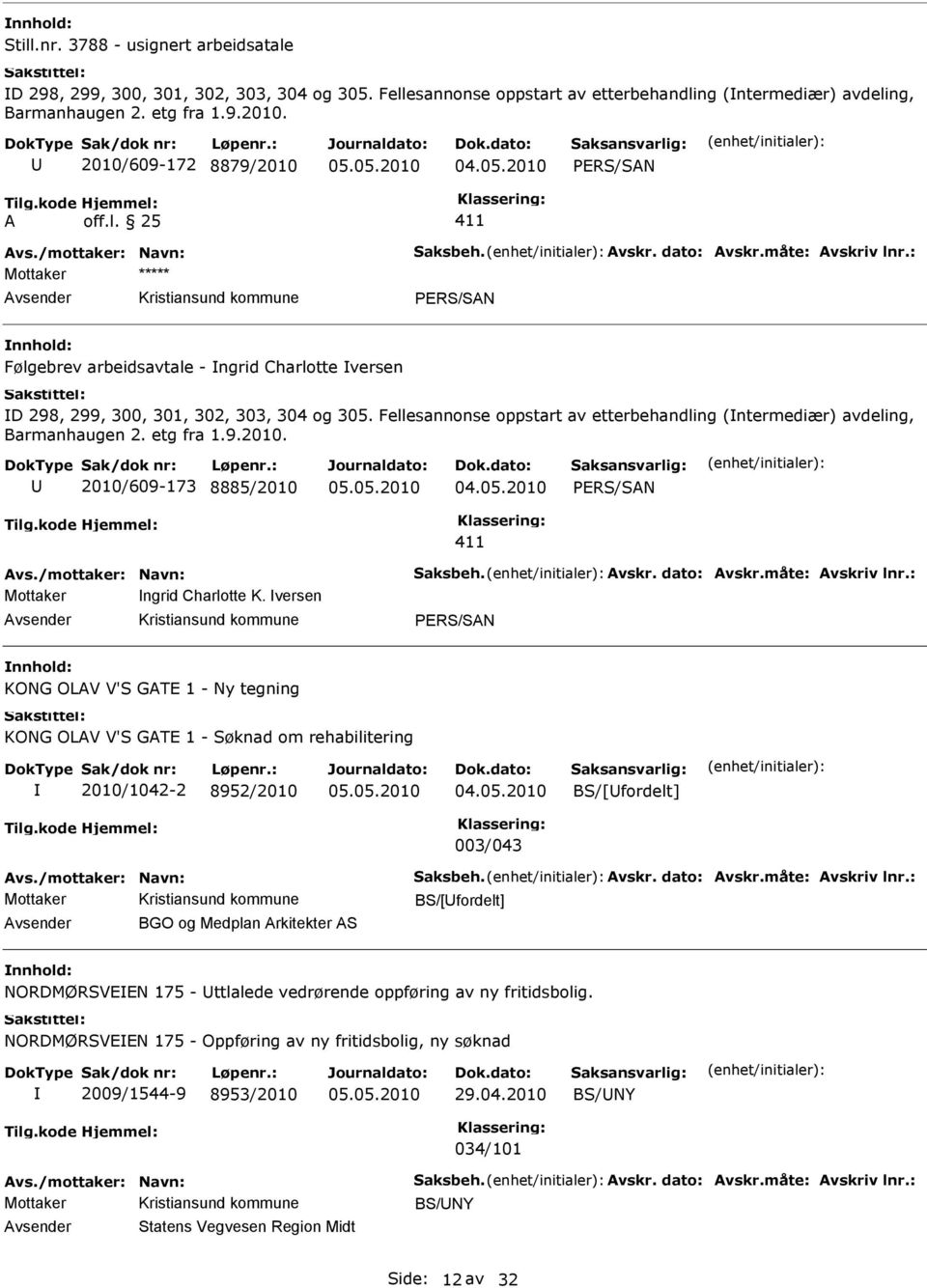 Fellesannonse oppstart av etterbehandling (ntermediær) avdeling, 2010/609-173 8885/2010 vs./mottaker: Navn: Saksbeh. vskr. dato: vskr.måte: vskriv lnr.: Mottaker ngrid Charlotte K.