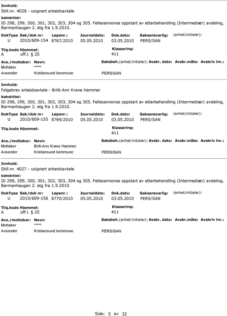 Fellesannonse oppstart av etterbehandling (ntermediær) avdeling, 2010/609-155 8769/2010 vs./mottaker: Navn: Saksbeh. vskr. dato: vskr.måte: vskriv lnr.: Mottaker Britt-nn Krane Hammer Still.