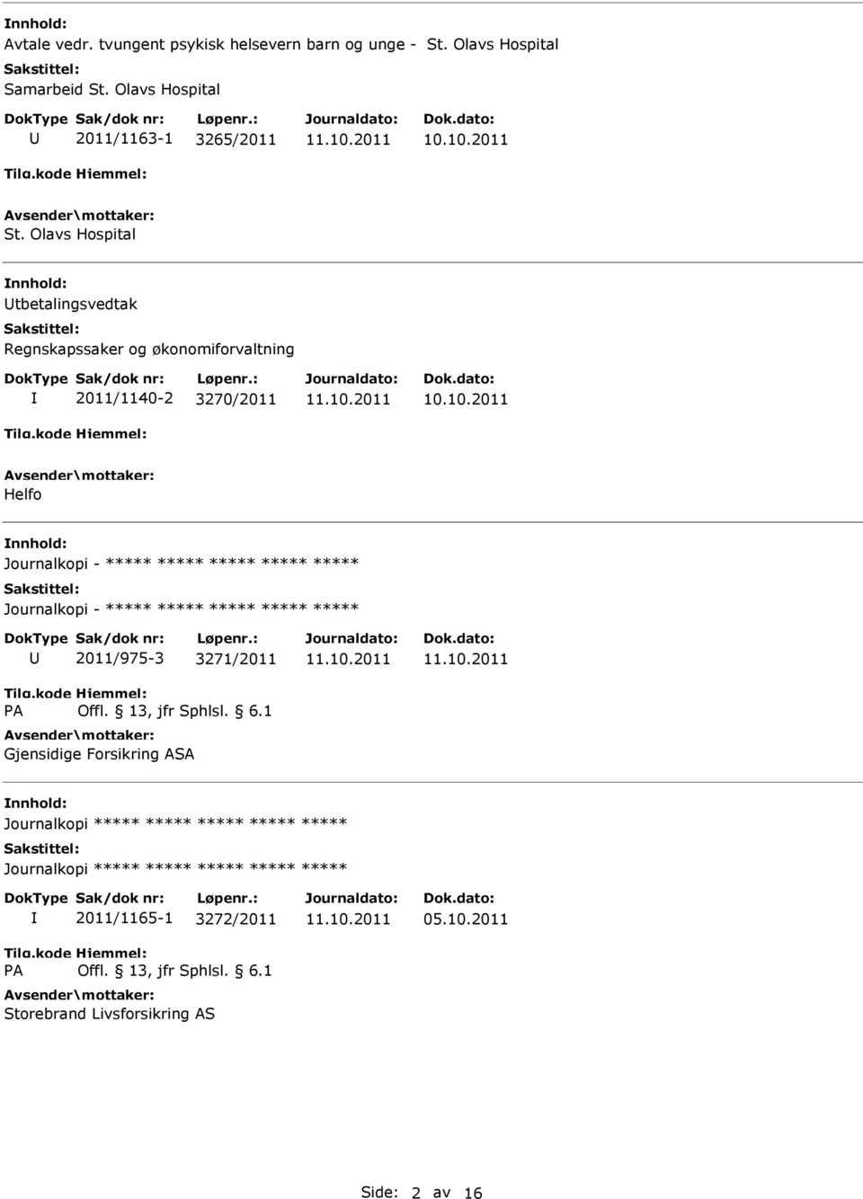 Olavs Hospital tbetalingsvedtak Regnskapssaker og økonomiforvaltning 2011/1140-2 3270/2011 Helfo 2011/975-3