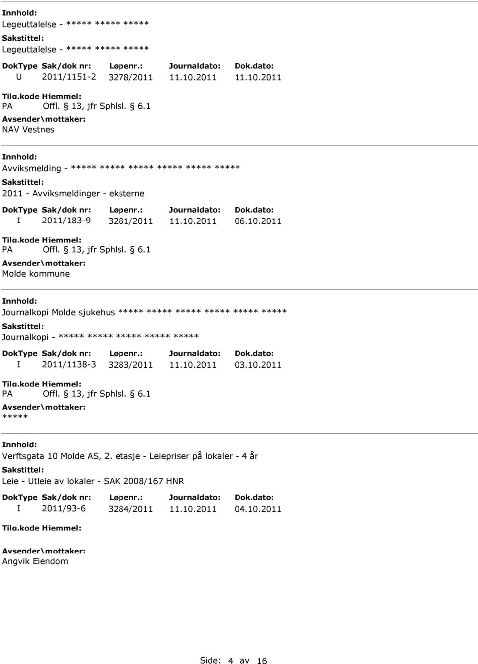 2011 Journalkopi Molde sjukehus ***** ***** ***** ***** ***** ***** 2011/1138-3 3283/2011 ***** 03.10.