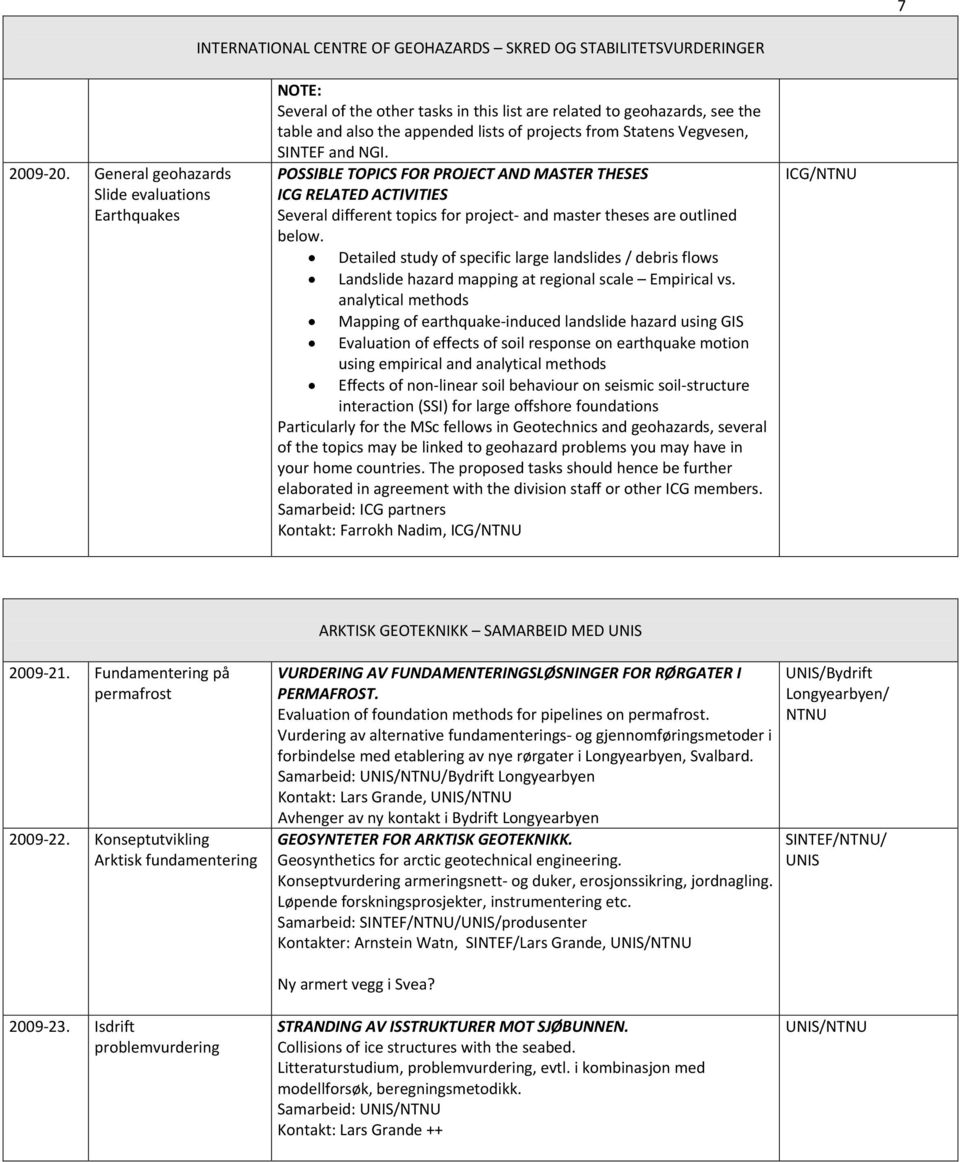 General geohazards Slide evaluations POSSIBLE TOPICS FOR PROJECT AND MASTER THESES ICG RELATED ACTIVITIES Earthquakes Several different topics for project and master theses are outlined below.