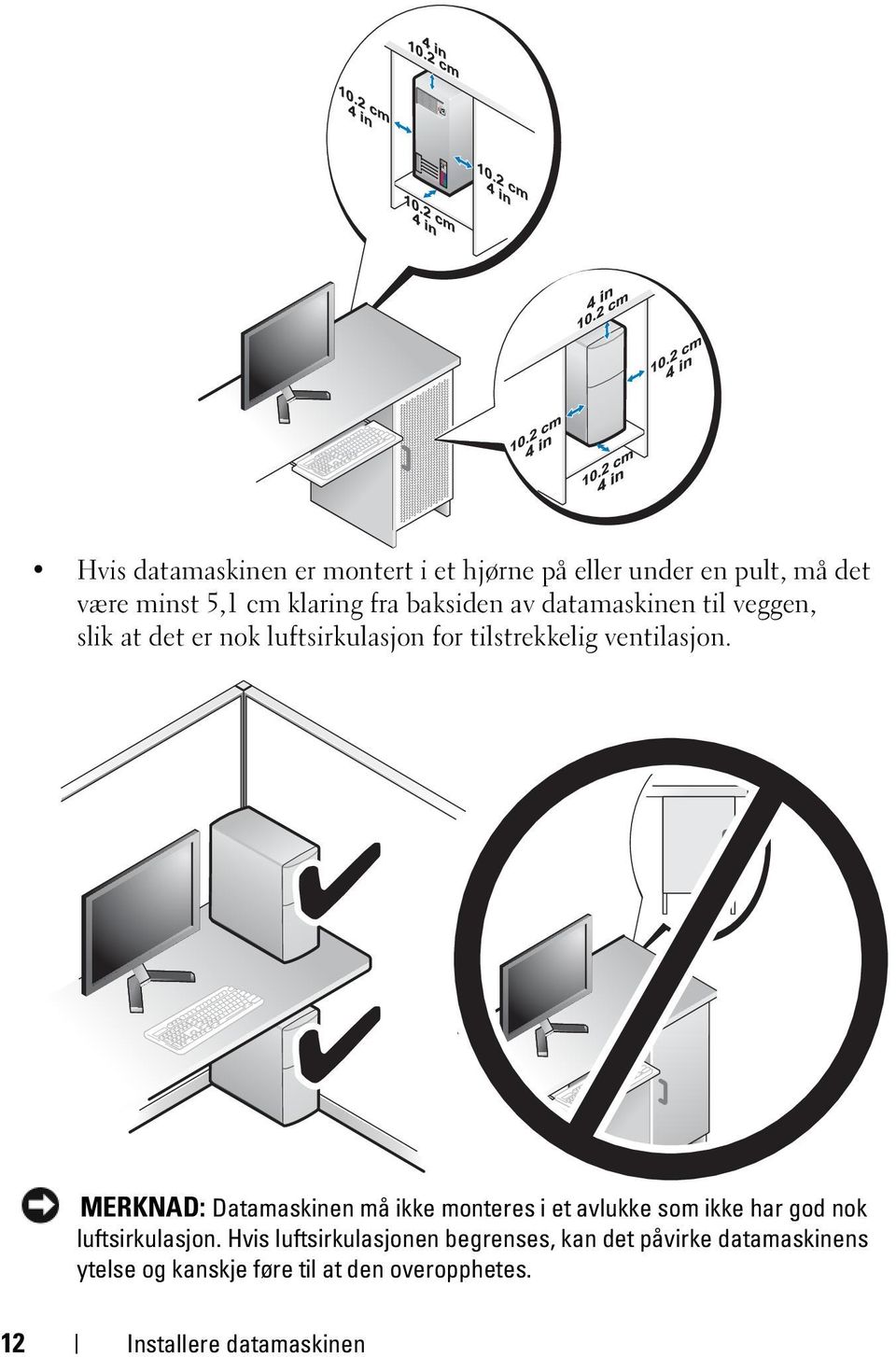 MERKNAD: Datamaskinen må ikke monteres i et avlukke som ikke har god nok luftsirkulasjon.
