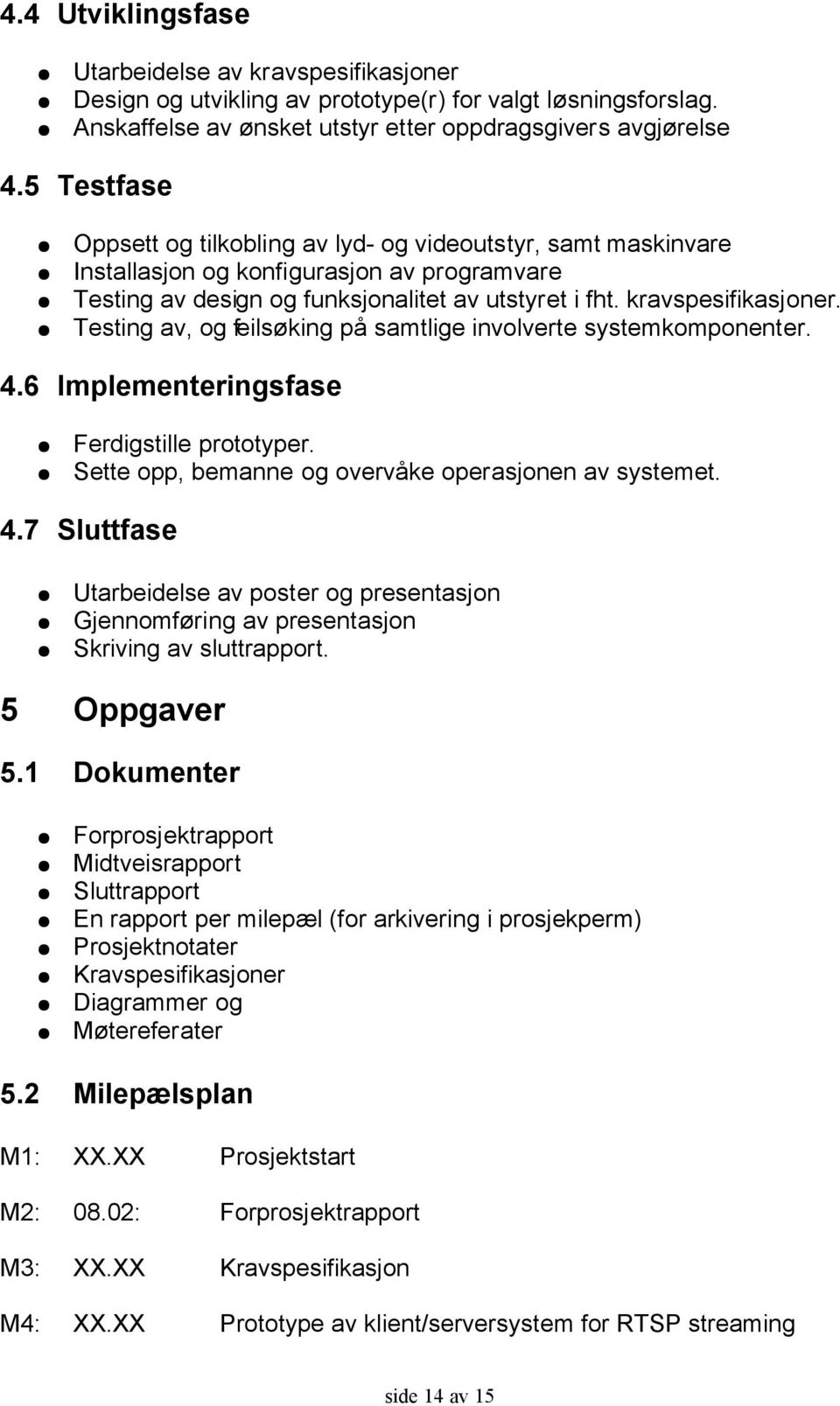 Testing av, og feilsøking på samtlige involverte systemkomponenter. 4.6 Implementeringsfase Ferdigstille prototyper. Sette opp, bemanne og overvåke operasjonen av systemet. 4.7 Sluttfase Utarbeidelse av poster og presentasjon Gjennomføring av presentasjon Skriving av sluttrapport.