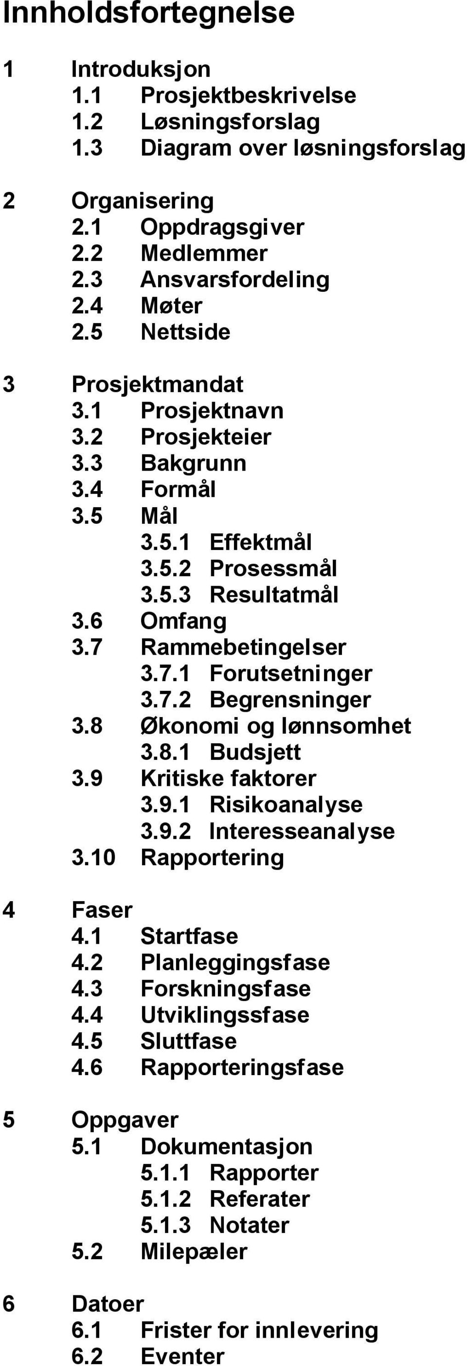 7.2 Begrensninger 3.8 Økonomi og lønnsomhet 3.8.1 Budsjett 3.9 Kritiske faktorer 3.9.1 Risikoanalyse 3.9.2 Interesseanalyse 3.10 Rapportering 4 Faser 4.1 Startfase 4.2 Planleggingsfase 4.