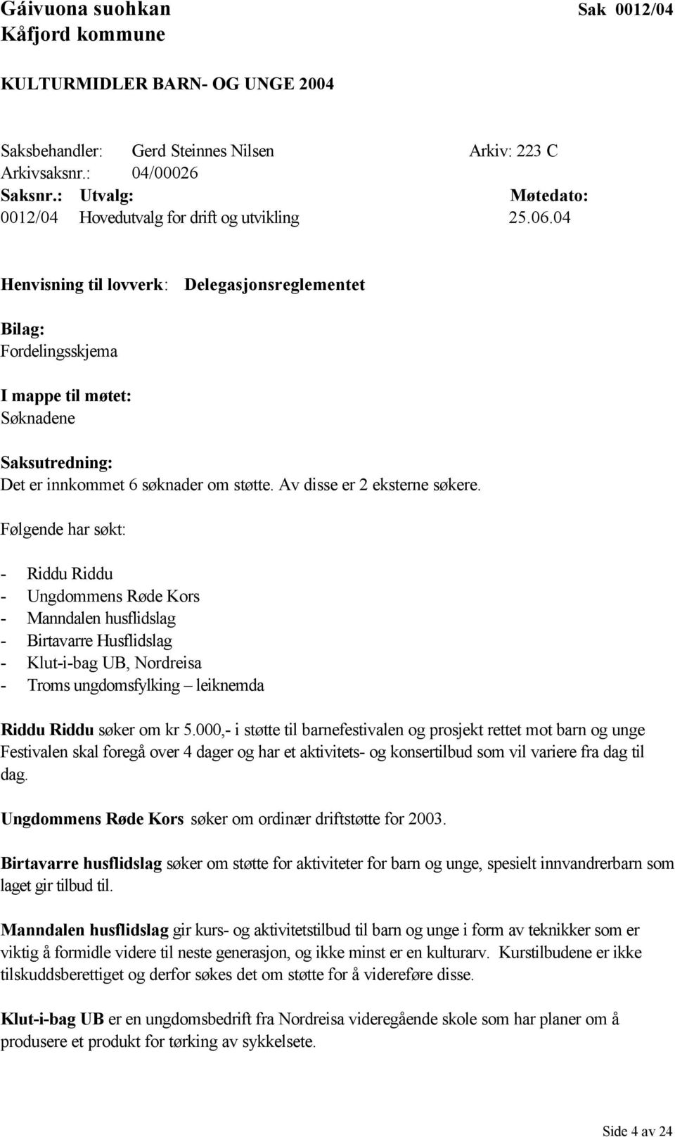 04 Henvisning til lovverk: Delegasjonsreglementet Bilag: Fordelingsskjema I mappe til møtet: Søknadene Saksutredning: Det er innkommet 6 søknader om støtte. Av disse er 2 eksterne søkere.