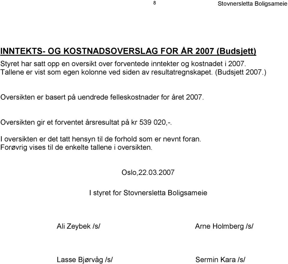 ) Oversikten er basert på uendrede felleskostnader for året 2007. Oversikten gir et forventet årsresultat på kr 539 020,-.