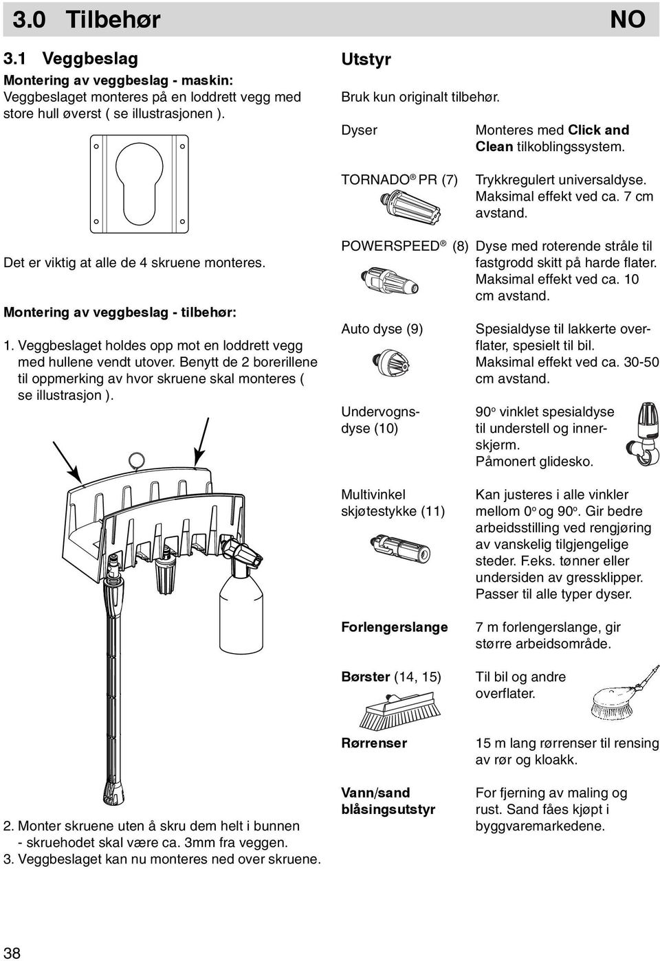 Montering av veggbeslag - tilbehør: 1. Veggbeslaget holdes opp mot en loddrett vegg med hullene vendt utover. Benytt de 2 borerillene til oppmerking av hvor skruene skal monteres ( se illustrasjon ).