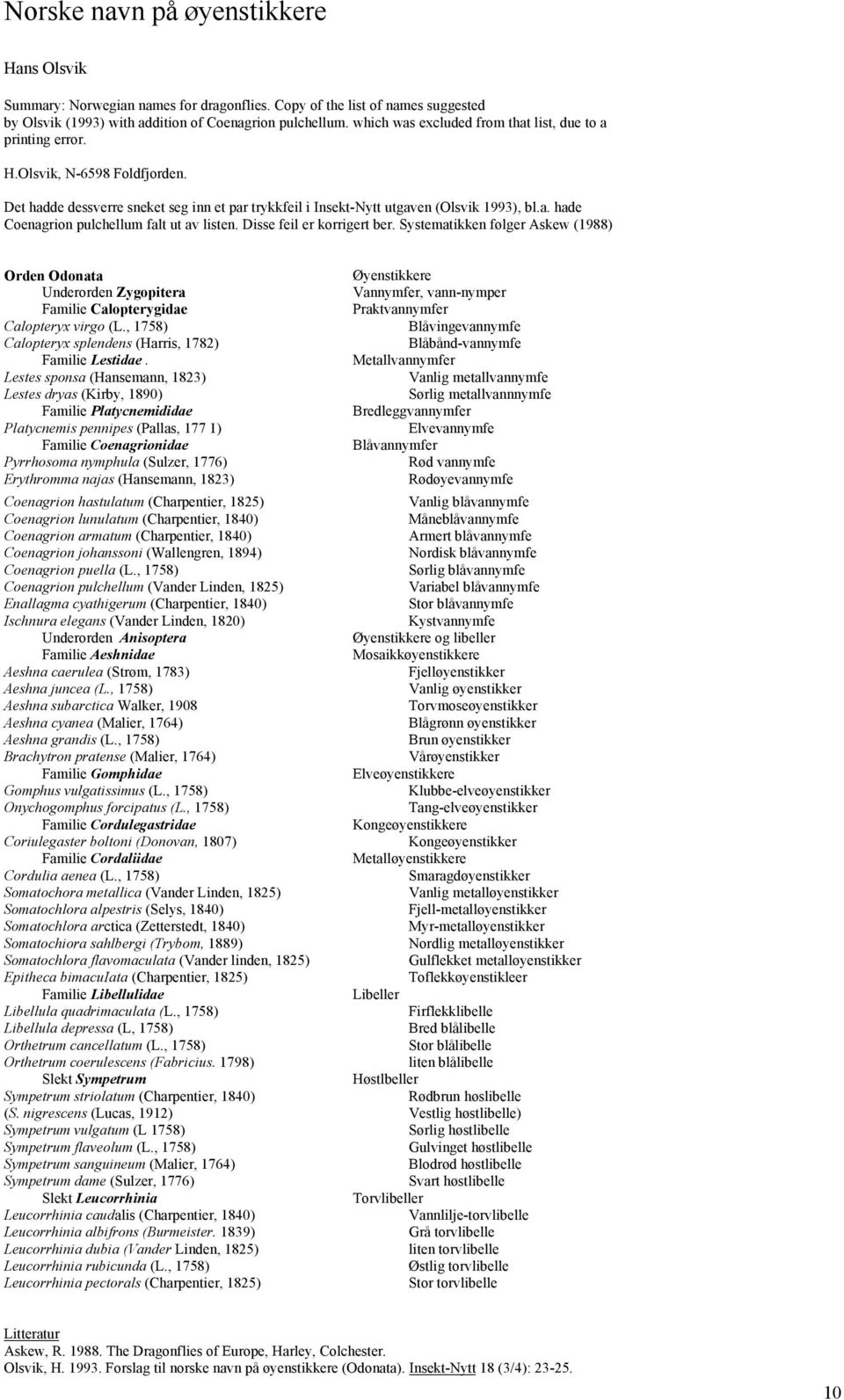 Disse feil er korrigert ber. Systematikken følger Askew (1988) Orden Odonata Underorden Zygopitera Familie Calopterygidae Calopteryx virgo (L.