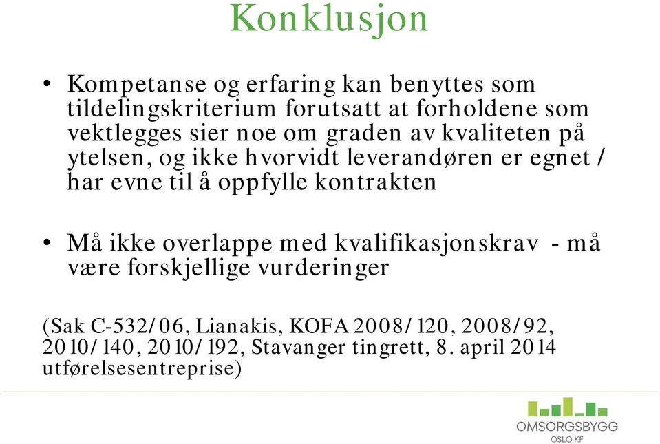 til å oppfylle kontrakten Må ikke overlappe med kvalifikasjonskrav - må være forskjellige vurderinger (Sak