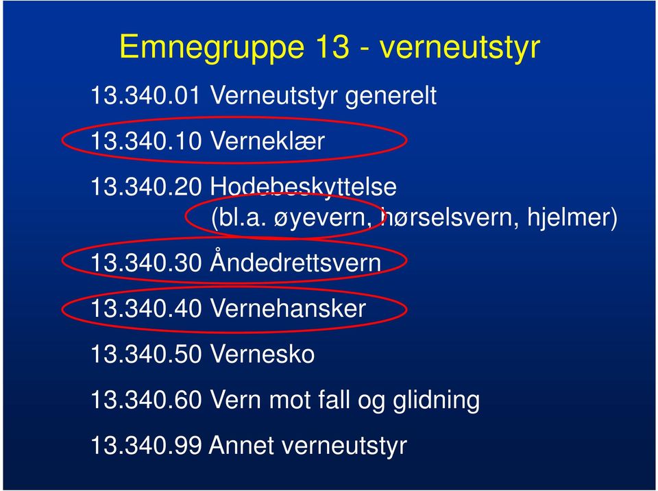 340.40 Vernehansker 13.340.50 Vernesko 13.340.60 Vern mot fall og glidning 13.