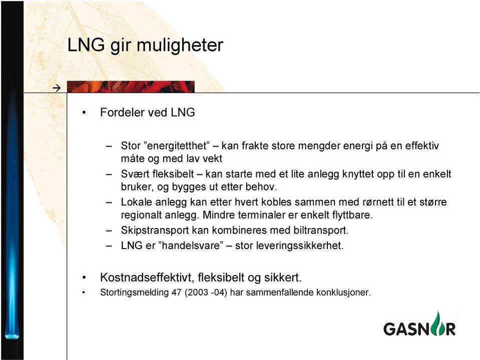 Lokale anlegg kan etter hvert kobles sammen med rørnett til et større regionalt anlegg. Mindre terminaler er enkelt flyttbare.