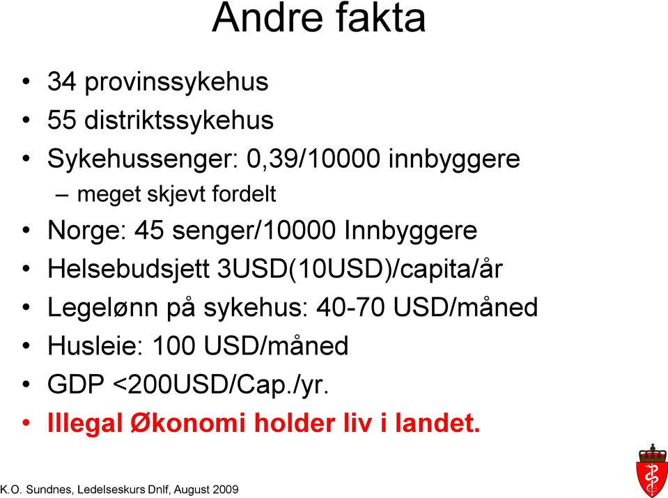 Innbyggere Helsebudsjett 3USD(10USD)/capita/år Legelønn på sykehus: 40-70