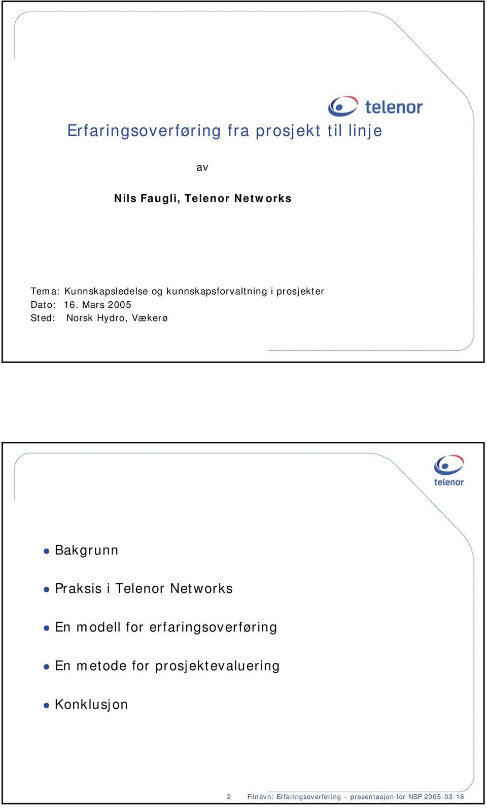 Mars 2005 Sted: Norsk Hydro, Vækerø Bakgrunn Praksis i Telenor Networks En modell for