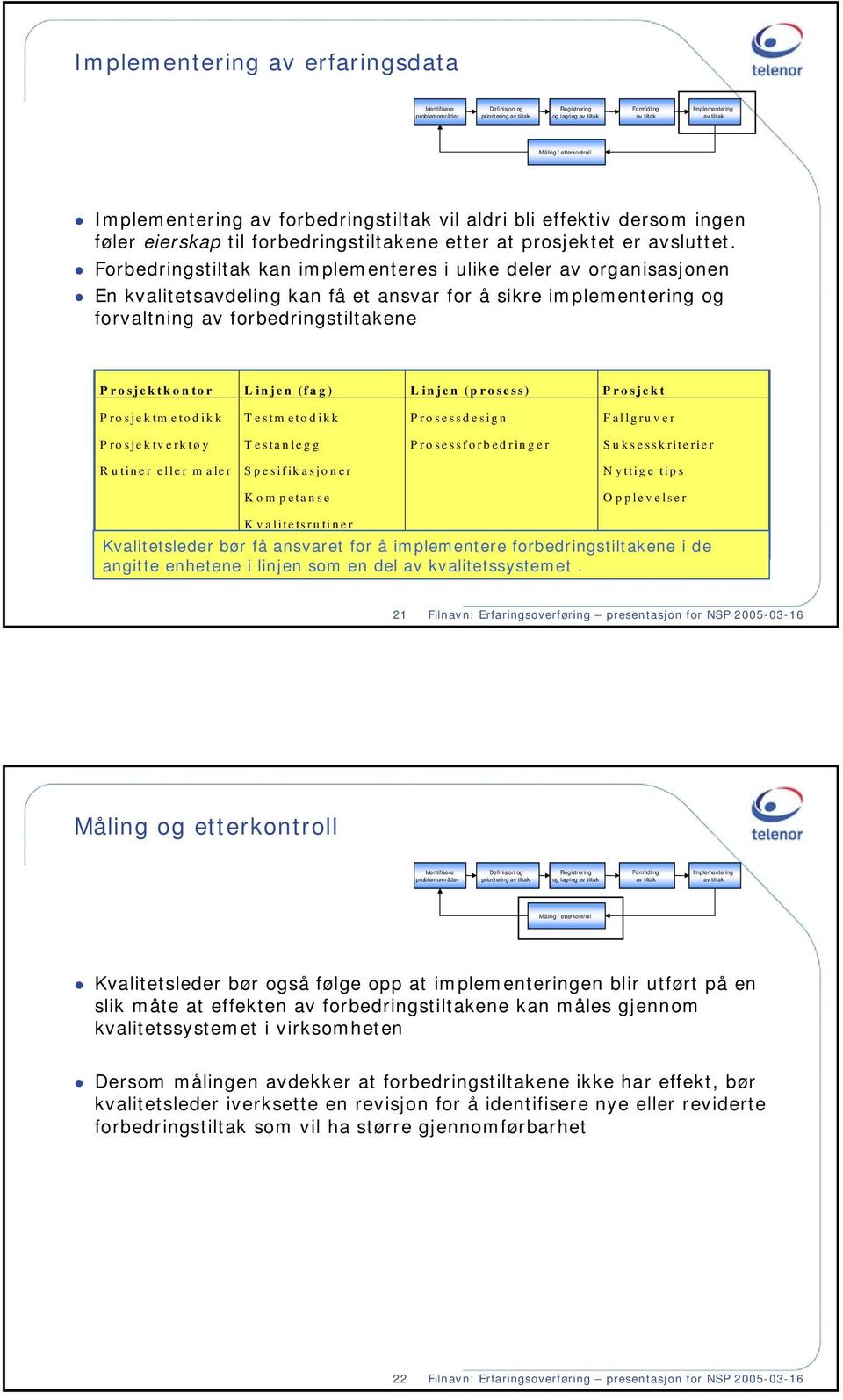 Forbedringstiltak kan implementeres i ulike deler av organisasjonen En kvalitetsavdeling kan få et ansvar for å sikre implementering og forvaltning av forbedringstiltakene Prosjektkontor Linjen (fag)