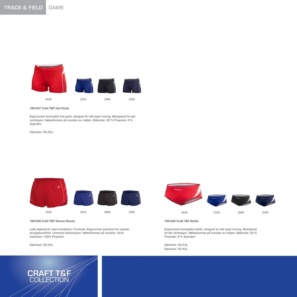 1901250 Craft T&F Woven Shorts 1901246 Craft T&F Briefs Lette løpeshorts med innerbukse i Coolmax. Ergonomisk passform for optimal bevegelsesfrihet.