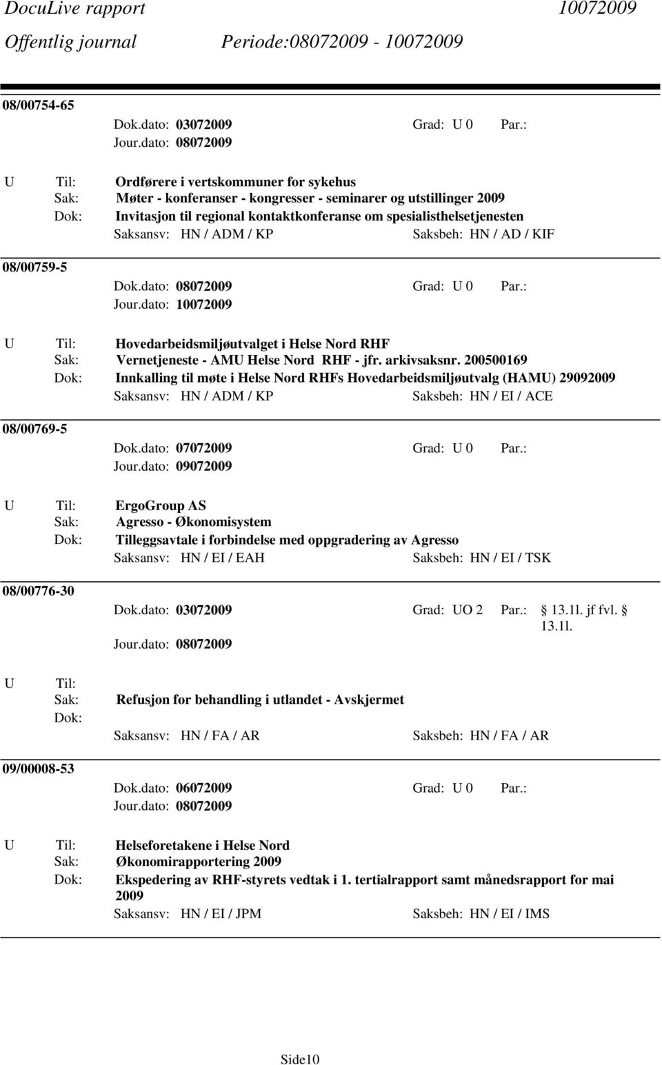 Saksbeh: HN / AD / KF 08/00759-5 Dok.dato: 08072009 Grad: 0 Par.: Hovedarbeidsmiljøutvalget i Helse Nord RHF Vernetjeneste - AM Helse Nord RHF - jfr. arkivsaksnr.