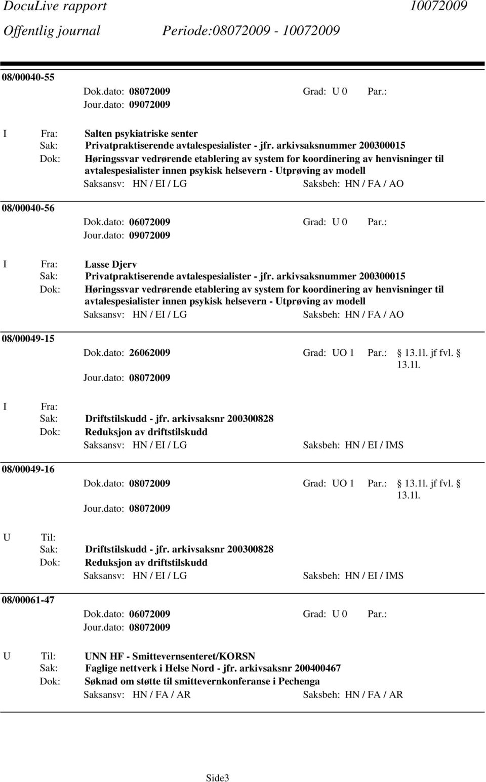 08/00040-56 Dok.dato: 06072009 Grad: 0 Par.: Lasse Djerv Privatpraktiserende avtalespesialister - jfr.  08/00049-15 Dok.dato: 26062009 Grad: O 1 Par.: jf fvl. Driftstilskudd - jfr.