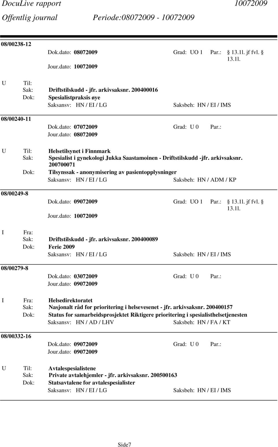 200700071 Tilsynssak - anonymisering av pasientopplysninger Saksbeh: HN / ADM / KP 08/00249-8 Dok.dato: 09072009 Grad: O 1 Par.: jf fvl. Driftstilskudd - jfr. arkivsaksnr.