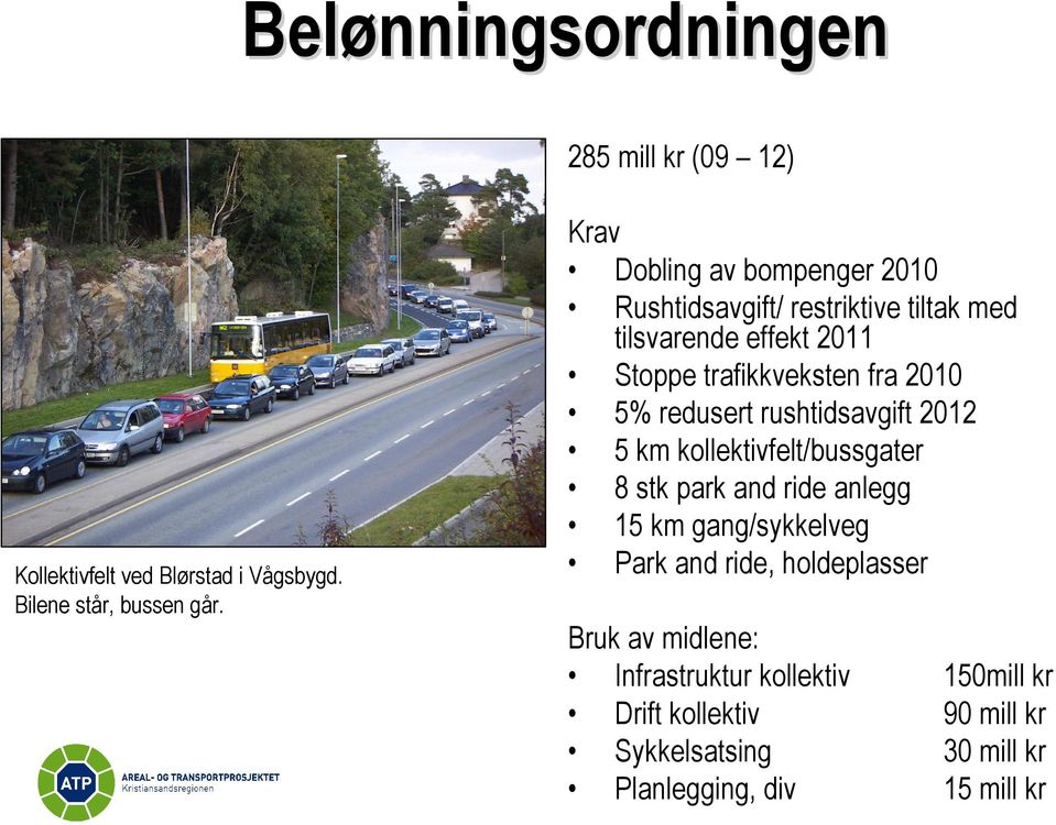 5% redusert rushtidsavgift 2012 5 km kollektivfelt/bussgater 8 stk park and ride anlegg 15 km gang/sykkelveg Park and ride,