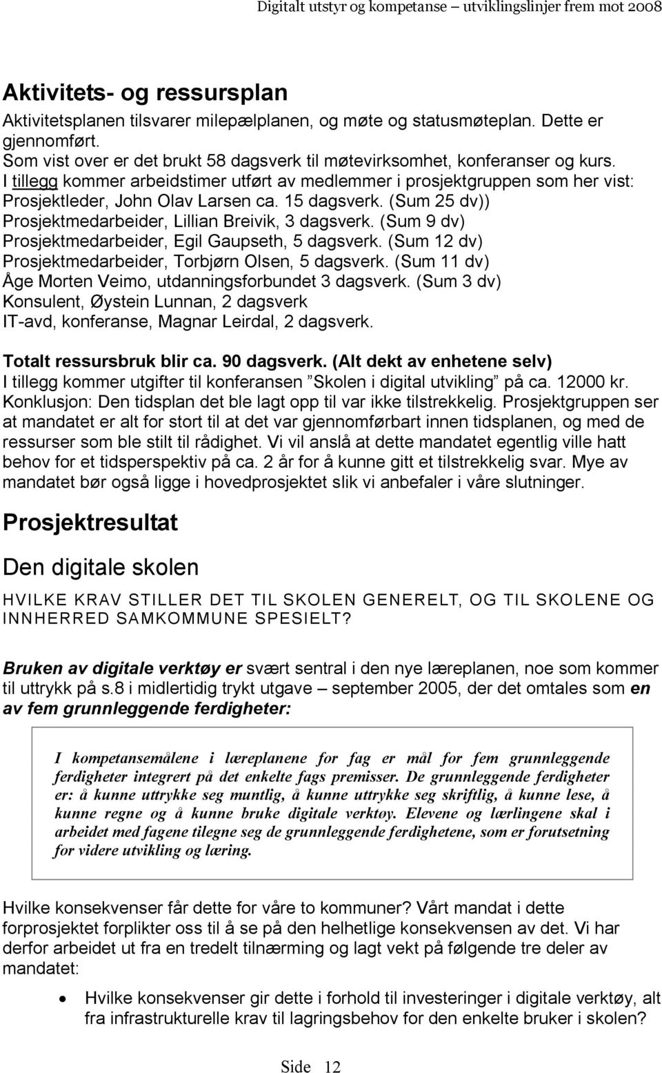 (Sum 9 dv) Prosjektmedarbeider, Egil Gaupseth, 5 dagsverk. (Sum 12 dv) Prosjektmedarbeider, Torbjørn Olsen, 5 dagsverk. (Sum 11 dv) Åge Morten Veimo, utdanningsforbundet 3 dagsverk.