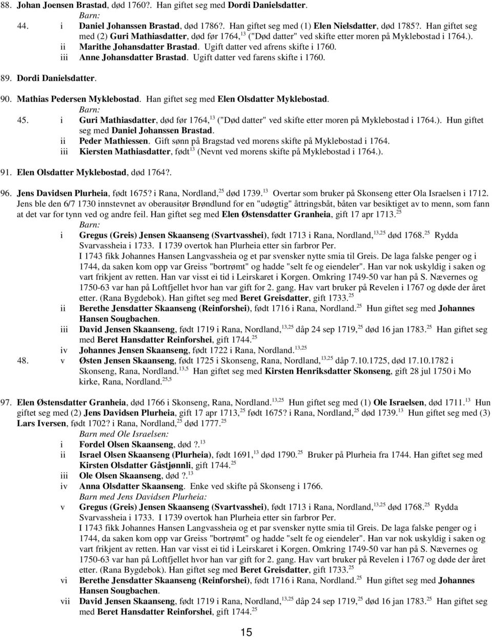 iii Anne Johansdatter Brastad. Ugift datter ved farens skifte i 1760. 89. Dordi Danielsdatter. 90. Mathias Pedersen Myklebostad. Han giftet seg med Elen Olsdatter Myklebostad. 45.