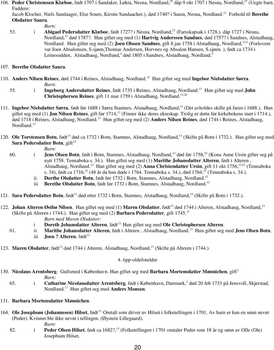 i Nesna, Nordland, 27 (Farsskapsak i 1728.), dåp 1727 i Nesna, Nordland, 27 død 1787?. Hun giftet seg med (1) Hartvig Anderssen Sandnes, død 1757? i Sandnes, Alstadhaug, Nordland.