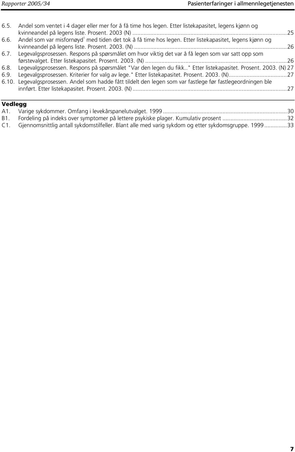 Legevalgsprosessen. Respons på spørsmålet om hvor viktig det var å få legen som var satt opp som førstevalget. Etter listekapasitet. Prosent. 2003. (N)...26 6.8. Legevalgsprosessen.