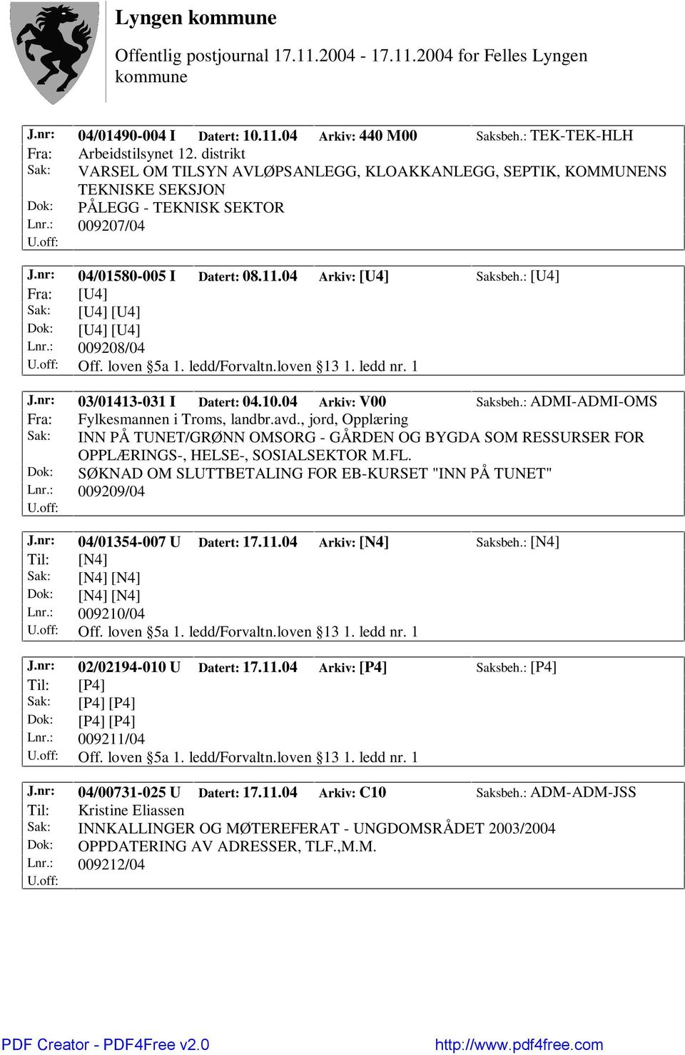 : [U4] Lnr.: 009208/04 Off. loven 5a 1. ledd/forvaltn.loven 13 1. ledd nr. 1 J.nr: 03/01413-031 I Datert: 04.10.04 Arkiv: V00 Saksbeh.: ADMI-ADMI-OMS Fra: Fylkesmannen i Troms, landbr.avd.