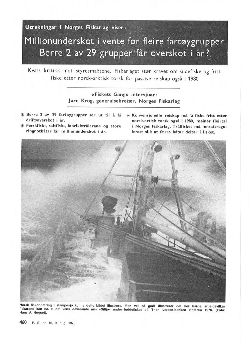 Men vel så gdt illustrerer det kr harde arbeidsvukår fiskarane kan ha. Bildet viser dåverande m/s «Sillj» under lddefisket på Thr Iversen-banken vinteren 1978. (Ft: Hans A. Høgset).