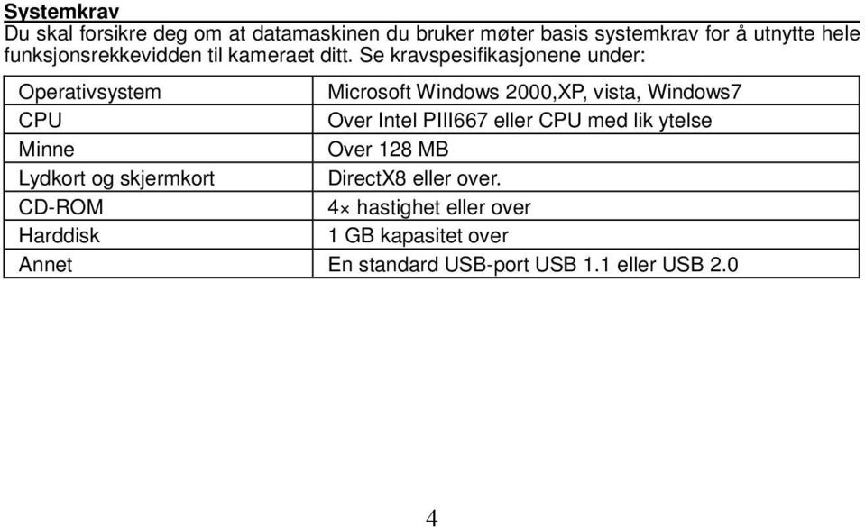 Se kravspesifikasjonene under: Operativsystem Microsoft Windows 2000,XP, vista, Windows7 CPU Over Intel PIII667