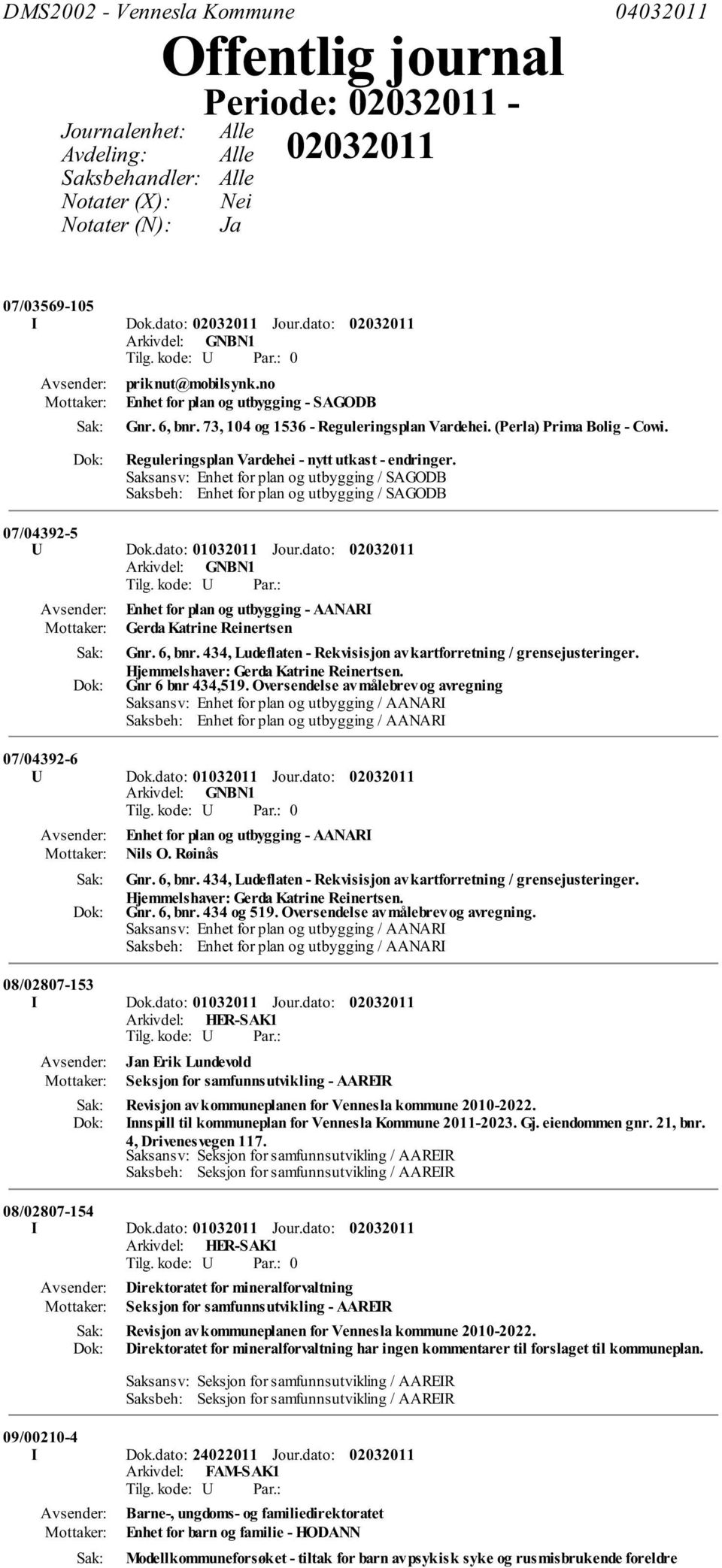 Reguleringsplan Vardehei - nytt utkast - endringer. Saksansv: Enhet for plan og utbygging / SAGODB Saksbeh: Enhet for plan og utbygging / SAGODB 07/04392-5 U Dok.dato: 01032011 Jour.