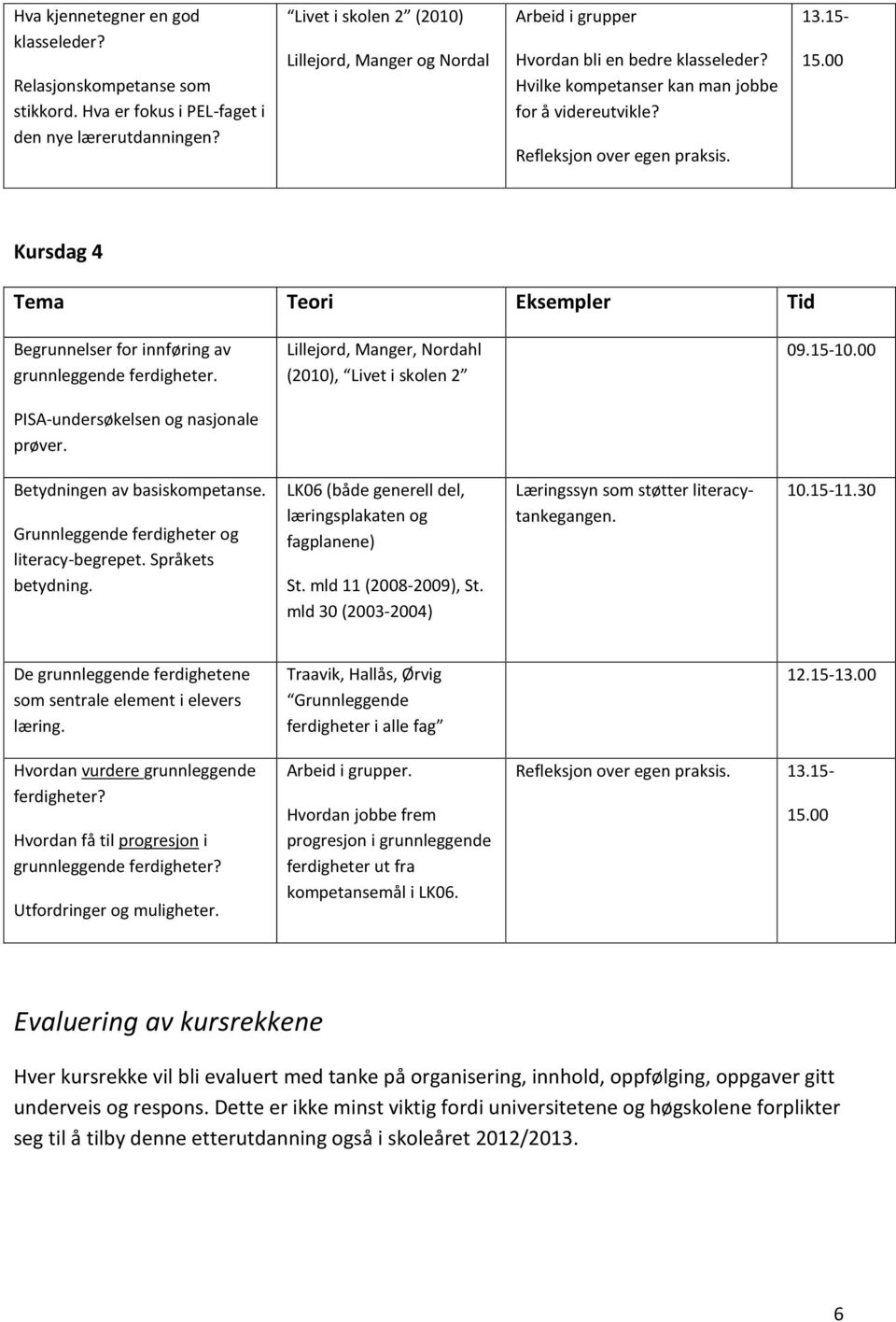 00 Kursdag 4 Tema Teori Eksempler Tid Begrunnelser for innføring av grunnleggende ferdigheter. Lillejord, Manger, Nordahl (2010), Livet i skolen 2 09.15-10.00 PISA-undersøkelsen og nasjonale prøver.