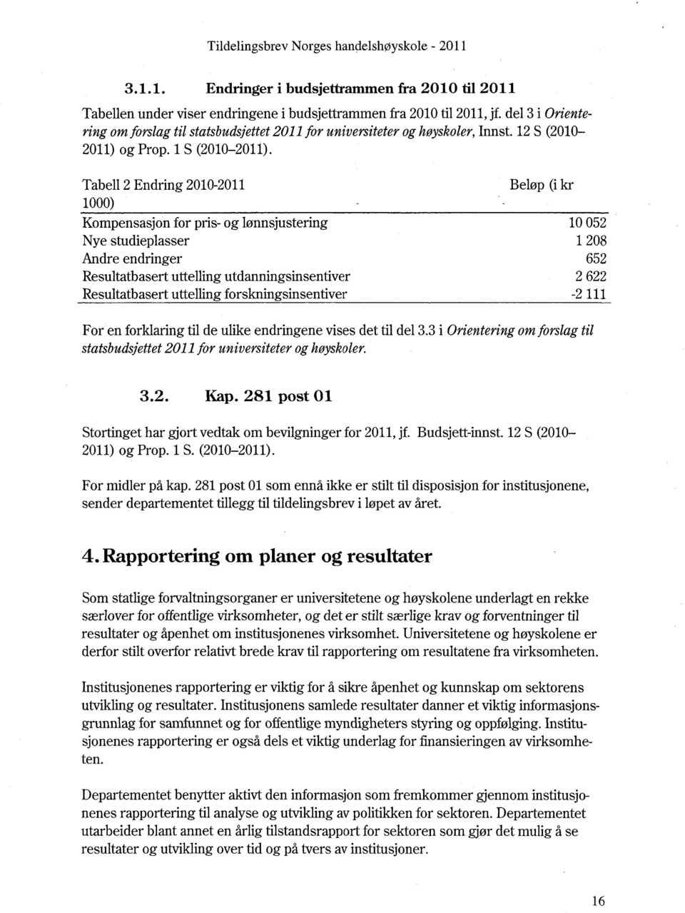 Tabell 2 Endring 2010-2011 Beløp (i kr 1000) Kompensasjon for pris- og lønnsjustering 10 052 Nye studieplasser 1 208 Andre endringer 652 Resultatbasert uttelling utdanningsinsentiver 2 622