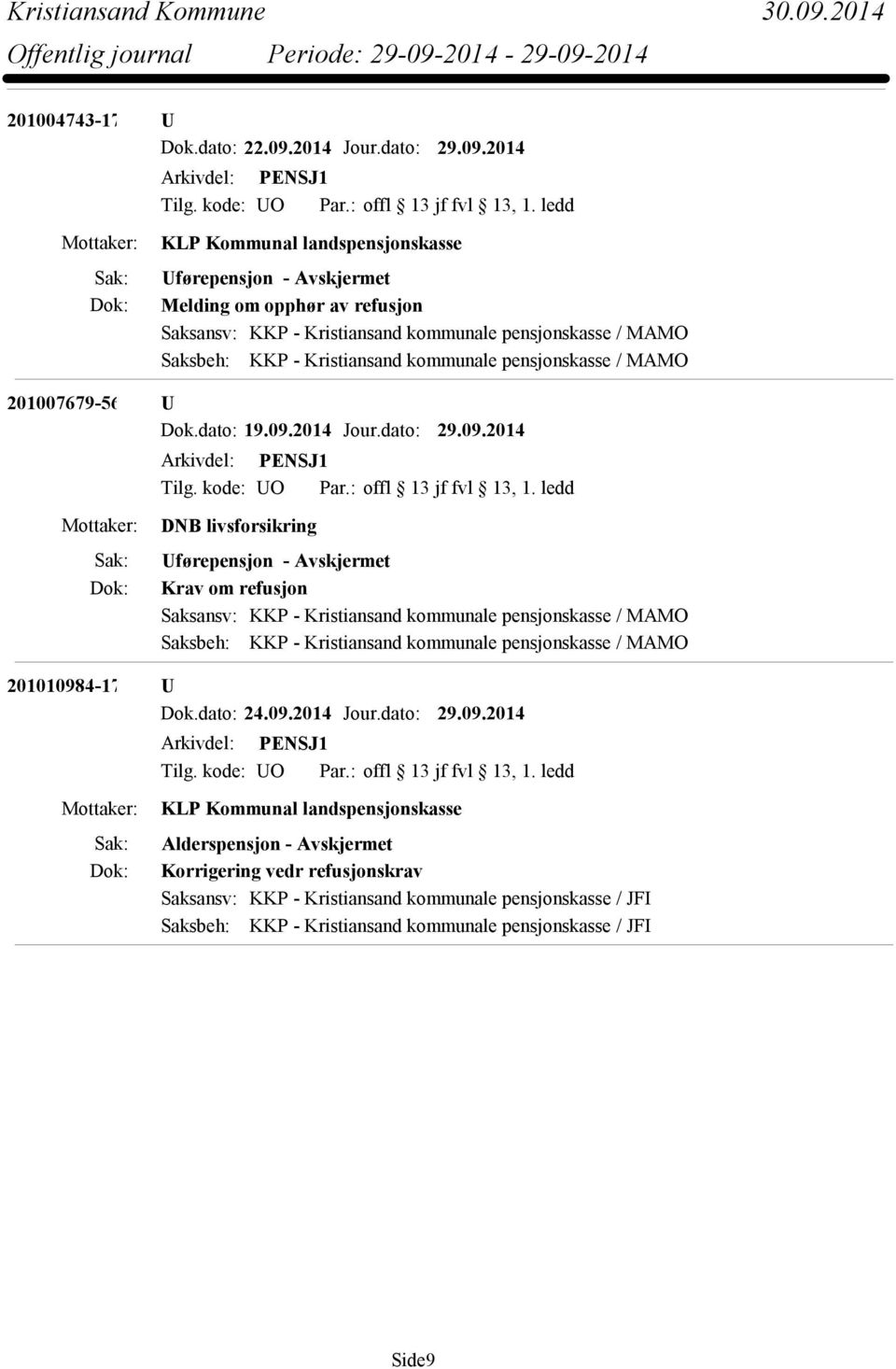 2014 KLP Kommunal landspensjonskasse Uførepensjon - Melding om opphør av refusjon Saksansv: KKP - Kristiansand kommunale pensjonskasse / MAMO Saksbeh: KKP - Kristiansand kommunale