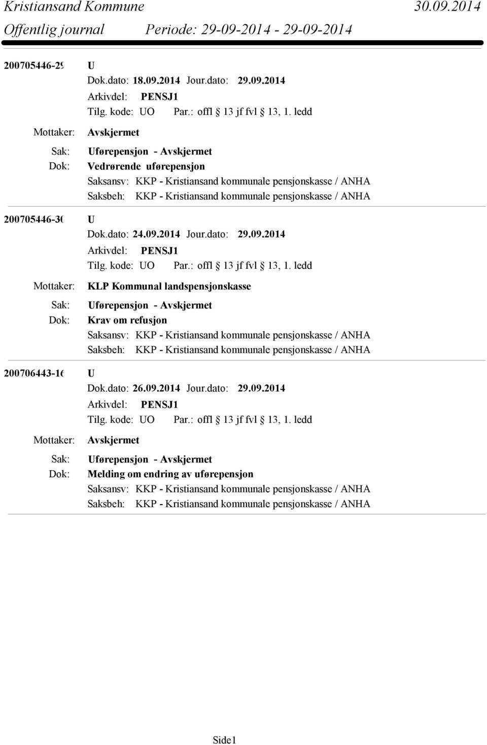 2014 Uførepensjon - Vedrørende uførepensjon Saksansv: KKP - Kristiansand kommunale pensjonskasse / ANHA Saksbeh: KKP - Kristiansand kommunale pensjonskasse / ANHA